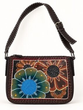 Cloe Burgundy Leather Floral Shoulder Bag Braided Trim Boho Handbag NWOT